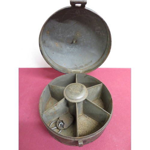 360 - Early 19th C jappaned metal circular spice tin with hinged top, sectional interior and pull out nutm... 