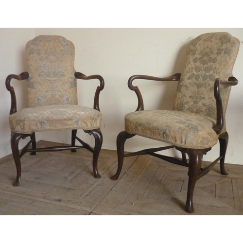 55 - Pair of Queen Anne style open arm chairs with upholstered arched backs, bow front seats and shepherd... 