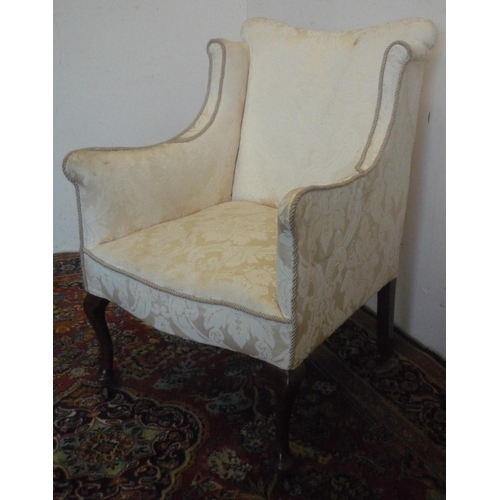 56 - Small Edwardian upholstered armchair, shaped wing back and serpentine seat on slender cabriole legs ... 