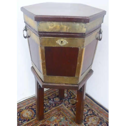 58 - Geo. III and later brass bound mahogany hexagonal celarette, fitted interior with drain plug, with b... 