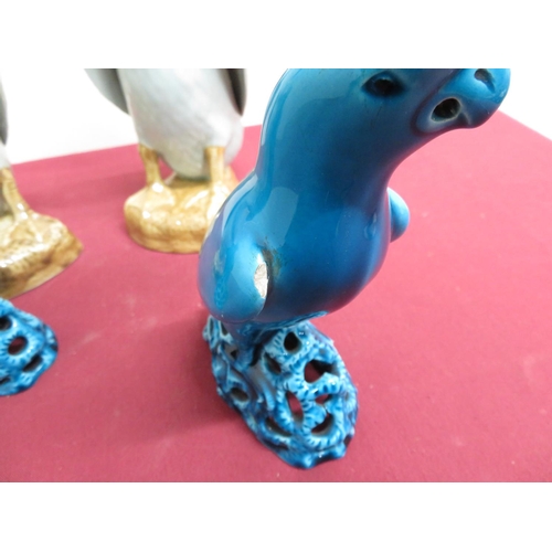 356 - Large pair of Chinese ceramic ducks (H26cm) and a pair of blue glazed parakeets (H16.5cm)