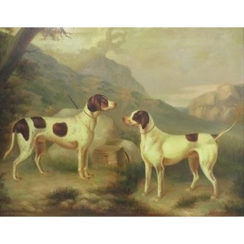 334 - Alexander West, Two gun dogs with game bag in a  landscape, oil on canvas, signed (40cm x 50cm)