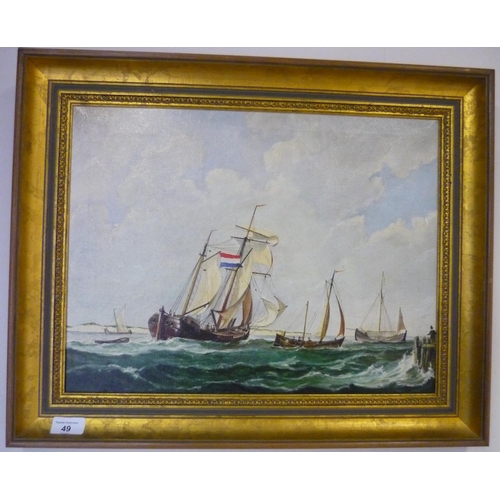 167 - R. E. Beinder (20th century) Dutch fishing Cog in rough waters, oil on canvas, signed & dated 87, (5... 