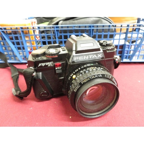 91 - Pentax Program A 35mm camera with 1:1.7 50mm lens, Olympus Trip 35mm camera, Vivitar 1:4.5-5.6mm mac... 