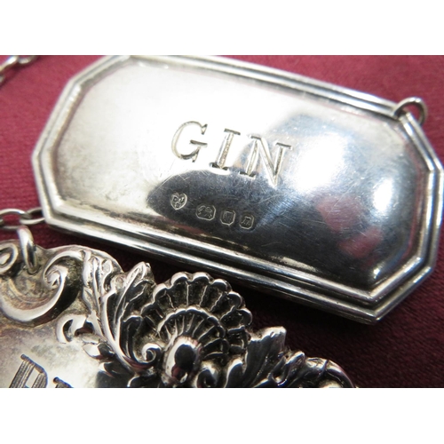 184 - Modern silver Gin decanter label, London 1968, silver Sherry decanter label London, 1969, and silver... 