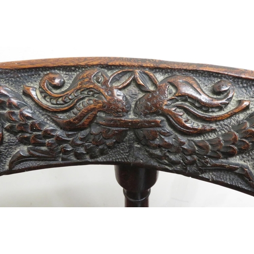 198 - Geo. III oak corner chair, carved top rail and two vase shaped splats, on square carved supports wit... 