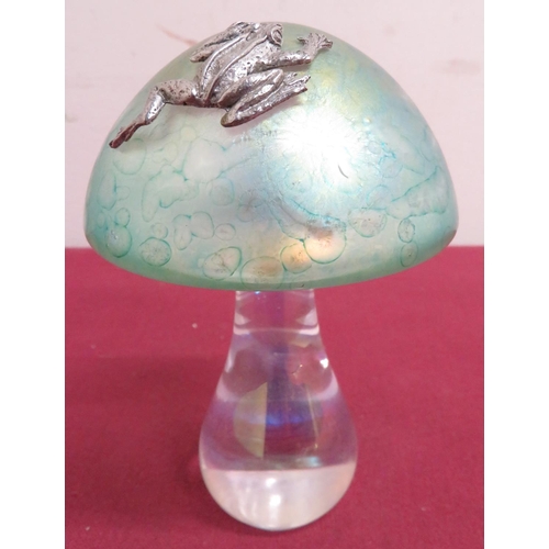 232 - Ditchfield glass type mushroom, the green iridescent top set with a frog on clear stem (H11cm)