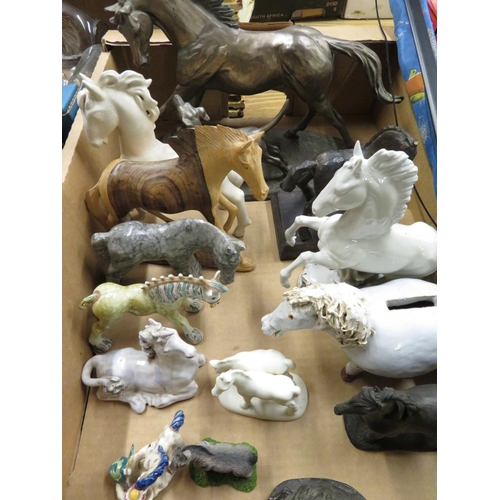 136 - Bronzed model of a running horse and a dog, other various ceramic models of horses and a J Wilkinson... 