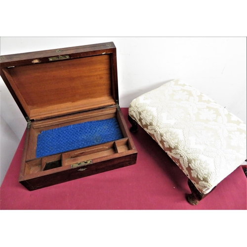 157 - 19th century brass inlaid mahogany folding writing box lacks interior, and a small upholstered foots... 