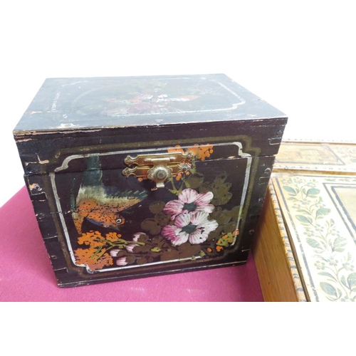 160 - Early 20th century slope top writing box, hinged cover with a print 