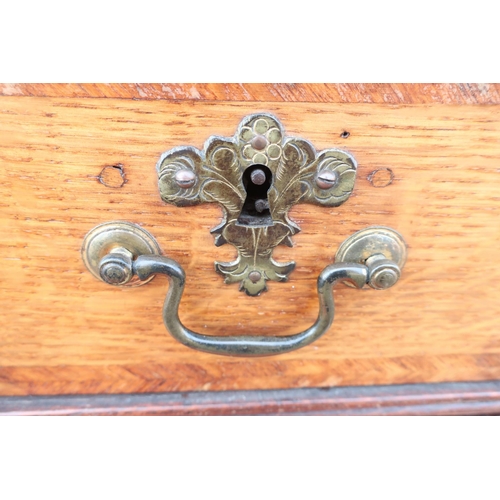 253 - Late 18th C oak chest on stand with two short and three long feather banded drawers, above three sho... 