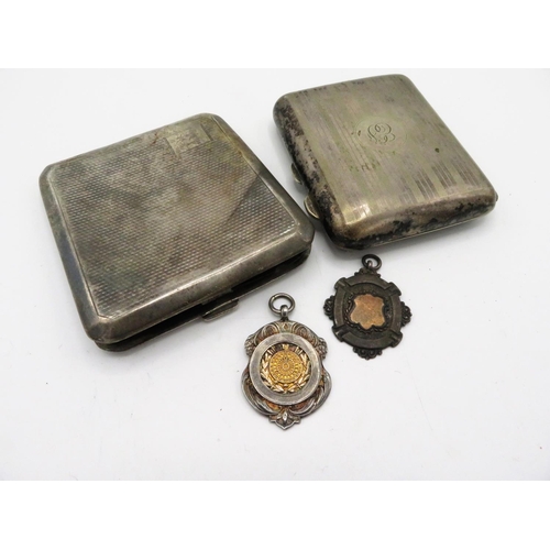 41 - Geo. V silver cigarette case, Birmingham 1929, an EPNS cigarette case, two silver fobs