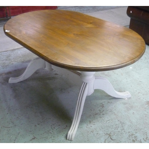 426 - Painted and stained pine dining table, oval top twin pedestal base joined with understretcher and fo... 