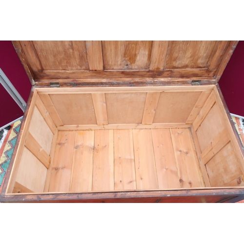 329 - Three panelled pine and ply blanket box (W104cm x D60cm x H54cm)