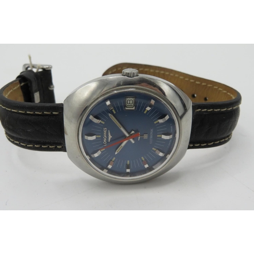 504 - Longines Ultronic wristwatch with date. Stainless steel case on leather strap. ESA 9162 tuning fork ... 