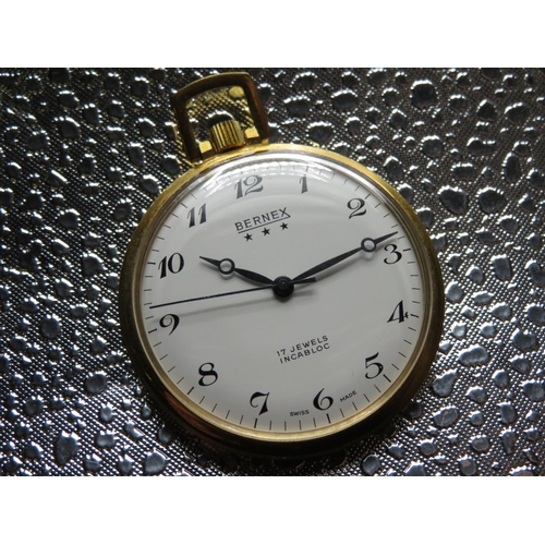 505 - Bernex keyless open face pocket watch. Gold plated case. 17 jewel movement. In original box.