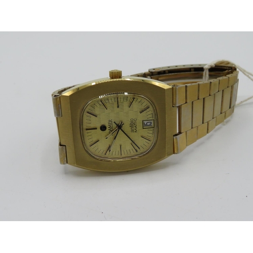 520 - Roamer Rockshell Anfibio Matic Wristwatch with date. Gold plated case and bracelet. Case back stampe... 