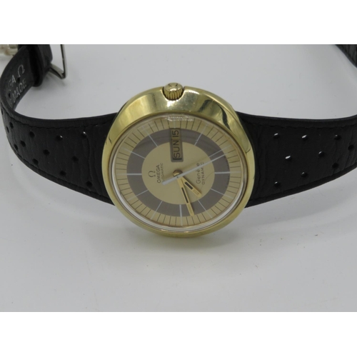 524 - Omega Dynamic automatic wristwatch with day date. Gold plated case on rally style Omega leather stra... 