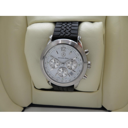 535 - Mercedes Benz quartz chronograph wristwatch with date. Stainless steel case on rubber simulated tire... 