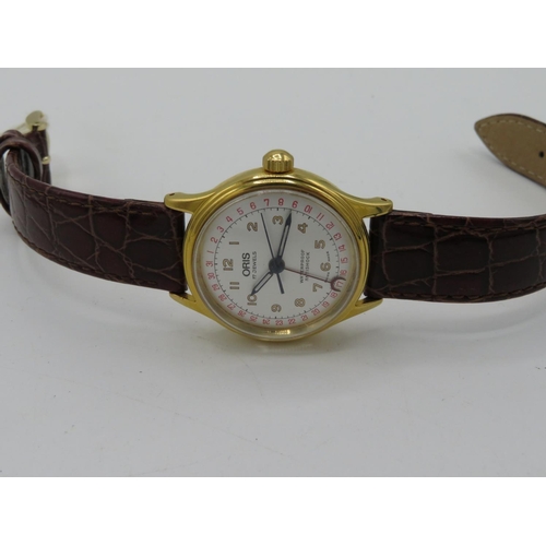 536 - Oris Big Crown hand wound wristwatch with pointer date. Gold plated case on leather strap. Stainless... 