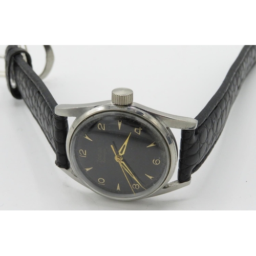 542 - Zodiac Hermetic hand wound wrist watch.  Stainless steel case on leather strap. Case back stamped an... 