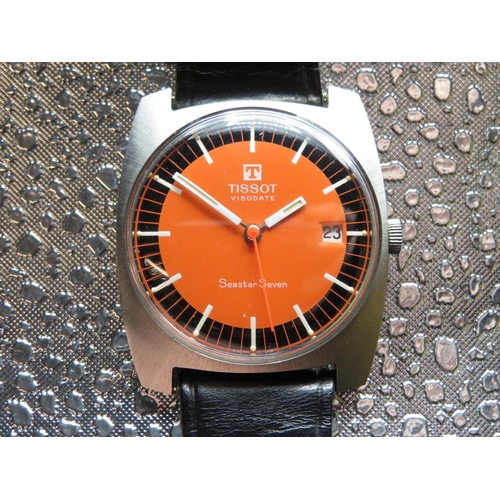 543 - Tissot Seastar Seven Visodate hand wound wristwatch.  Rectangular stainless steel case in Tissot lea... 