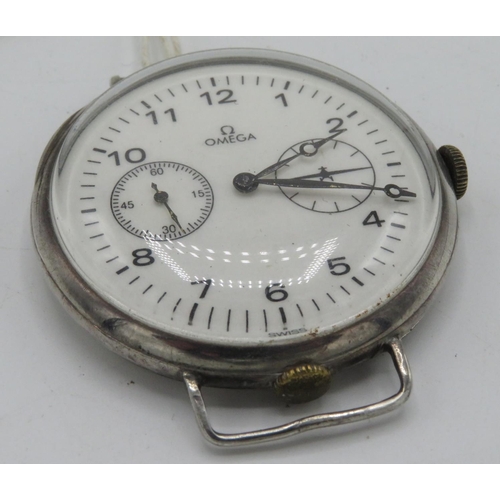 548 - Omega wristwatch, converted from pocket watch. Silver case stamped .900 and numbered 7758212. Omega ... 