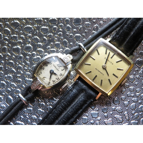 584 - Zenith lady's automatic wristwatch, gold plated square case on leather strap, case back stamped and ... 