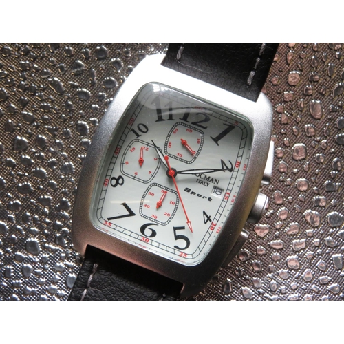 586 - Locman sport quartz chronograph wristwatch, aluminium case on leather strap, case back stamped and n... 