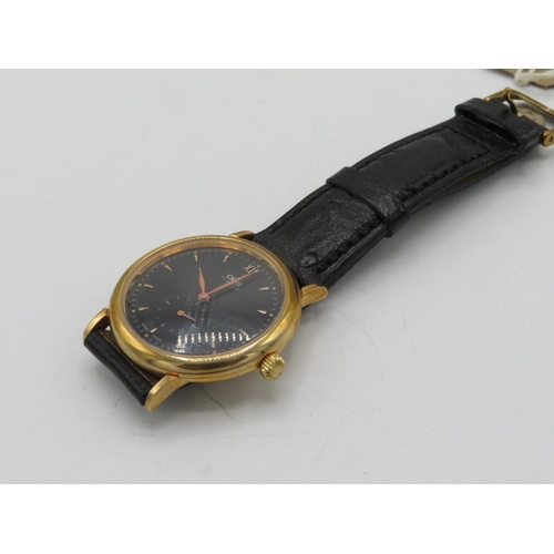 591 - Oris hand wound wristwatch, gold plated case on matching leather strap on non original buckle. Case ... 