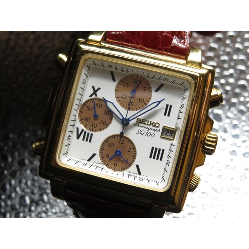 Seiko SQ100 quartz chronograph alarm with date. Square gold plated case on  original leather strap an