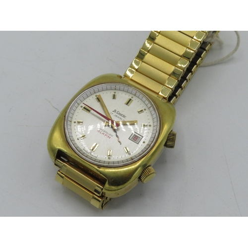 605 - Le Courier hand wound wristwatch alarm with date. Gold plated case on water expanding bracelet. Case... 