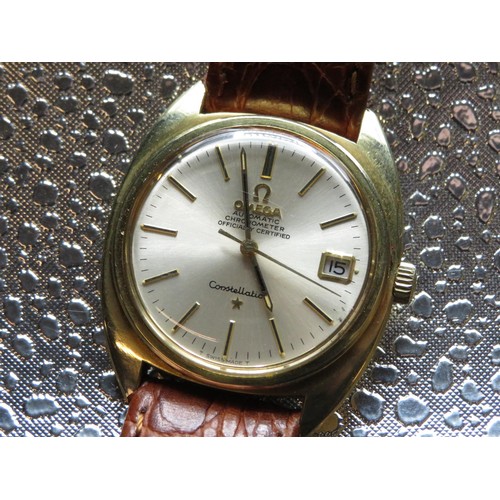 613 - Omega constellation automatic Chronometer   wristwatch with date, gold plated case on leather strap ... 