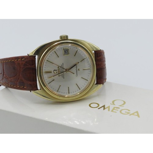 613 - Omega constellation automatic Chronometer   wristwatch with date, gold plated case on leather strap ... 