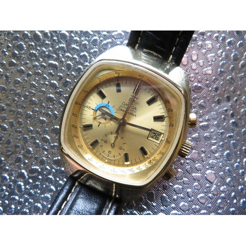 617 - Omega seamster automatic chronograph with day. Gold plated cushion case on leather strap and gold pl... 