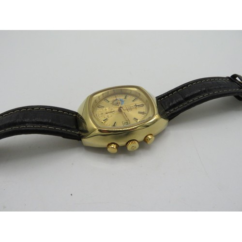 617 - Omega seamster automatic chronograph with day. Gold plated cushion case on leather strap and gold pl... 