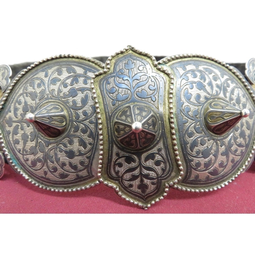 476 - 19th C military belt decorated with Russian silver Niello shaped decorative bosses with beaded detai... 