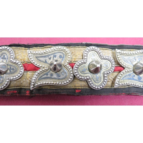 476 - 19th C military belt decorated with Russian silver Niello shaped decorative bosses with beaded detai... 