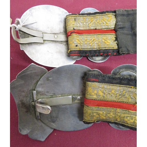 476 - 19th C military belt decorated with Russian silver Niello shaped decorative bosses with beaded detai... 