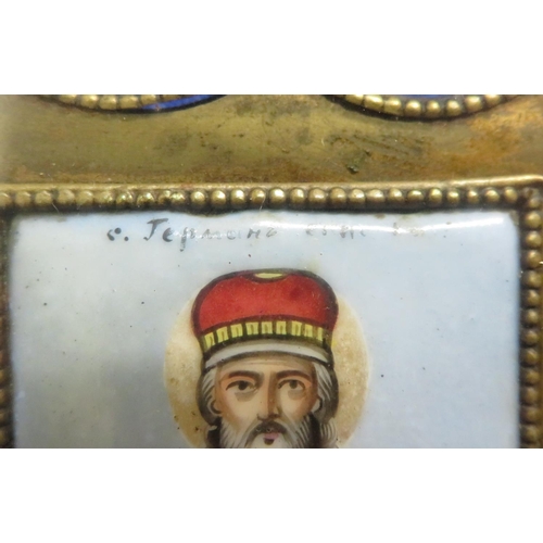 478 - 19th C Russian icon, convex rectangular panel painted with a polychrome study of a priest within a s... 