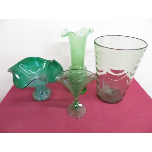6 - Caithness style green glass vase, green tint etched glass vase, a green glass vase with white marble... 