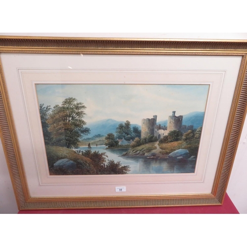 32 - F.D. Harrison (19th C): Ruined Castle In A Lakeside Landscape, watercolour, signed, (30cm x 52cm)