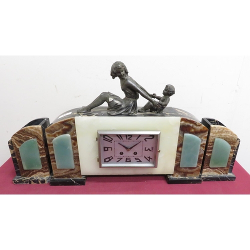 14 - Art Deco coloured marble and alabaster three piece clock garniture with silvered Arabic dial, and se... 