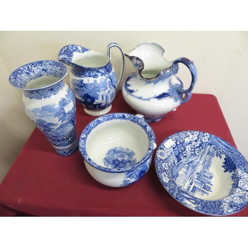 2 - George Jones blue and white Abbey Pattern toilet jug and chamber pot, Masons blue & white vase, Vict... 
