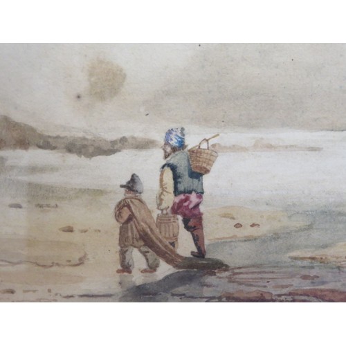 122 - 19th C watercolour depicting two fishermen on a beach with approaching storm (44cm x 36cm)