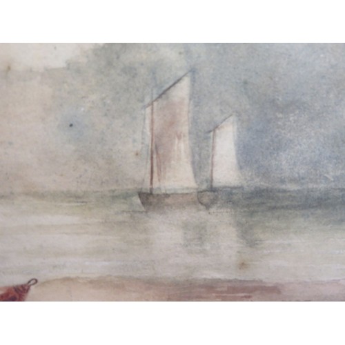 122 - 19th C watercolour depicting two fishermen on a beach with approaching storm (44cm x 36cm)