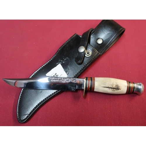45 - J Nowill and Sons of Sheffield sheath knife 5.5 inch blade brass cross piece, swollen sambar horn gr... 
