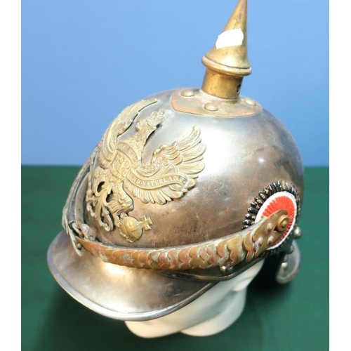 1 - Circa WWI Prussian pikelhaube full bodied steel helmet with lobster style tail with central brass cr... 
