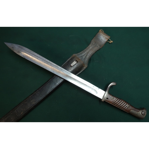 31 - German Mauser, bayonet with 14.5 inch single fullered blade marked C.G.Haenel Suhl with two piece wo... 