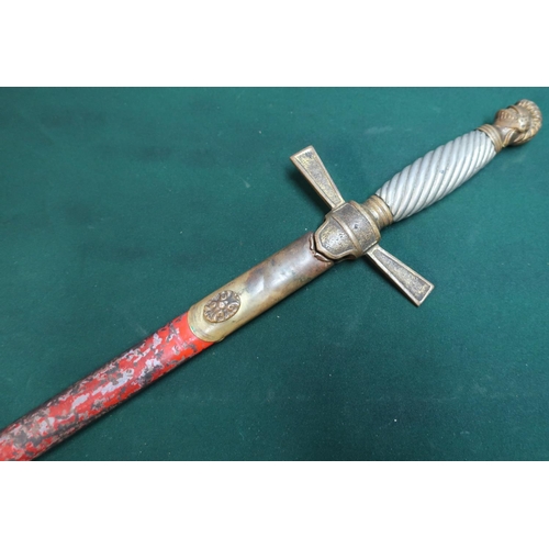 41 - Late 19th C American military style sword with 27 inch double edge blade with ribbed grip and night ... 